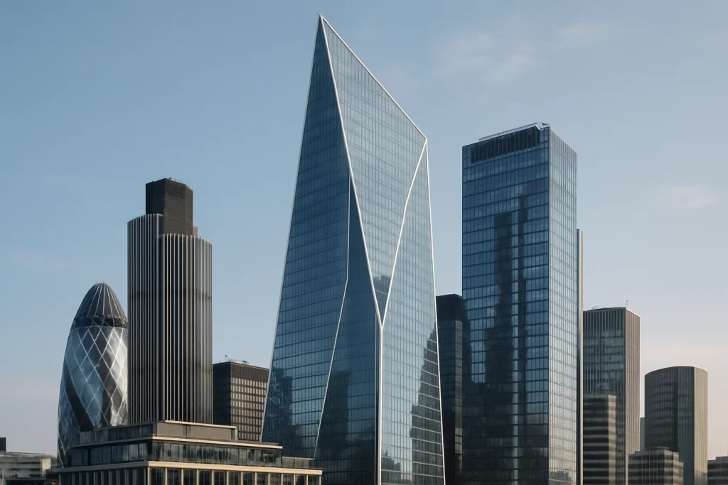 Kontorsskrapan Skalpellen i London med glasfasad och modern arkitektur.