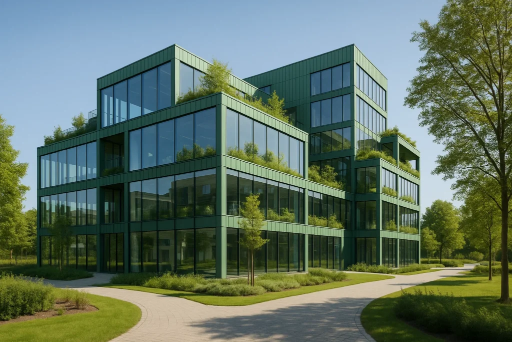 Modern grön kontorsbyggnad i Lund med glasfasader, gröna tak och hållbar arkitektur.