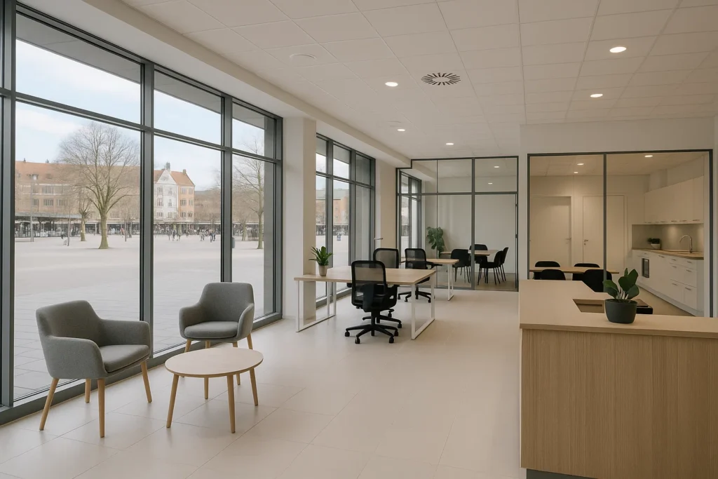 Modern kontorshotell i centrala Lund med stora skyltfönster mot Botulfsplatsen och ljus, rymlig inredning.