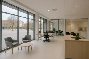 Modern kontorshotell i centrala Lund med stora skyltfönster mot Botulfsplatsen och ljus, rymlig inredning.