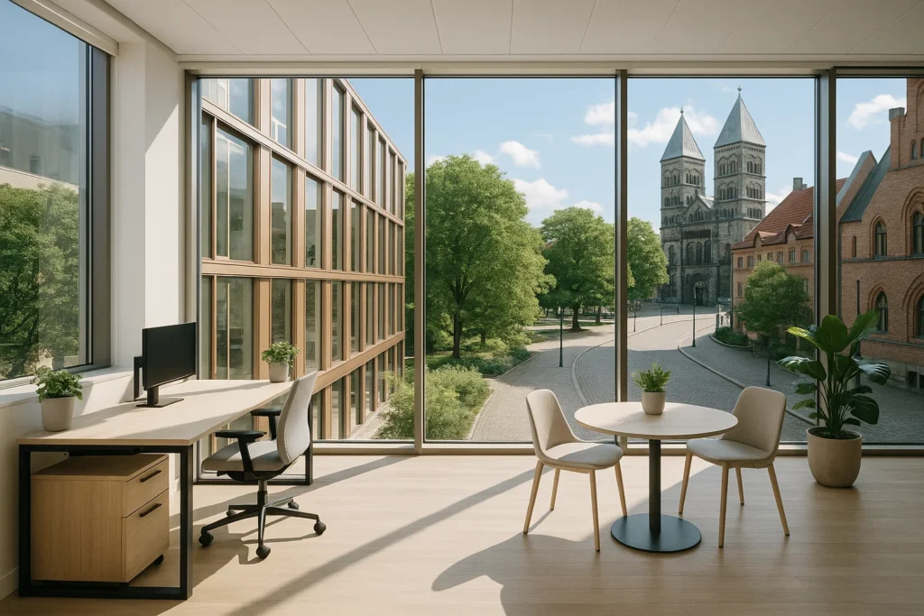 Modern kontorslokal i Lund med ljusa, skandinaviska interiörer och centralt läge nära stadens historiska kärna.