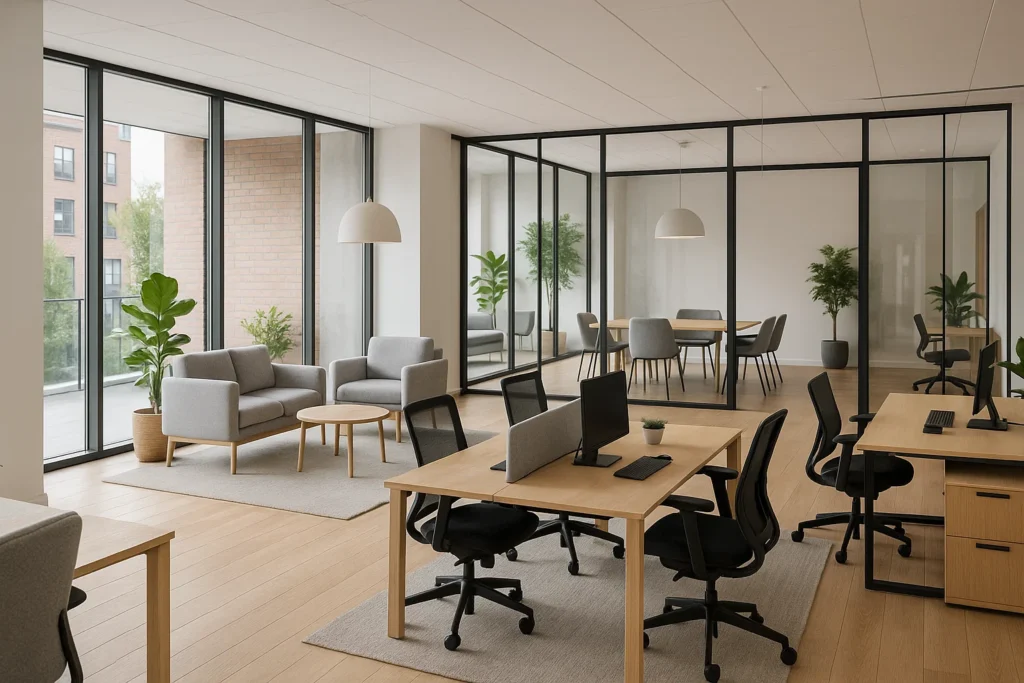 Ljust och modernt coworkingkontor i Lund med flexibla arbetsytor, glasväggar och skandinavisk design.
