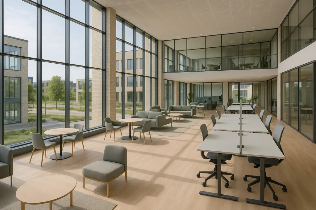Modern kontorsbyggnad i Lund nära Medicon Village, med ljusa och flexibla arbetsytor som stödjer innovation och samarbete.