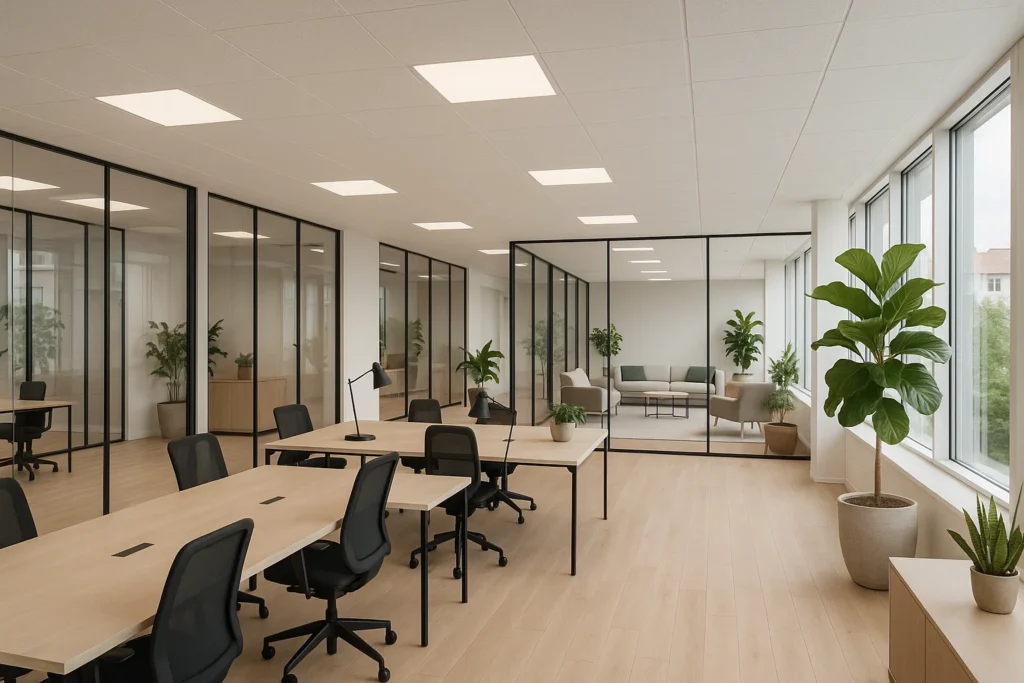 Modern delad arbetsyta i Lund med skandinavisk design, glasväggar och gemensamma kontorsytor.
