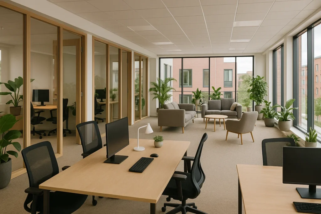 Modernt kontor i Lund med flexibla arbetsytor, ergonomisk inredning och gemensamma samarbetsytor.