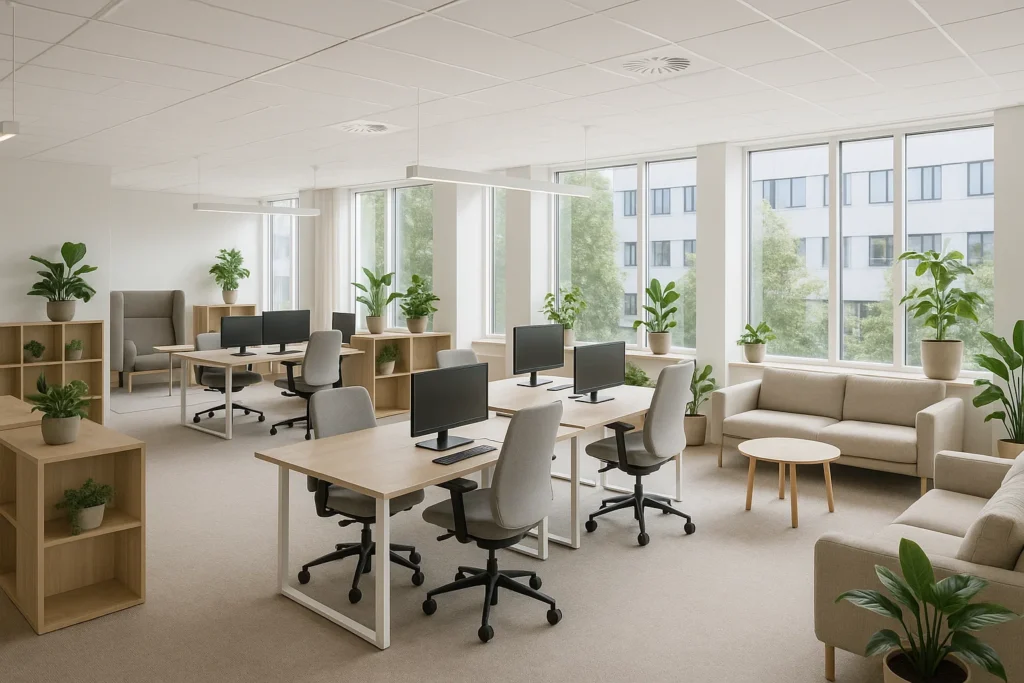 Modernt öppet kontorslandskap i Lund med flexibla arbetsytor, naturligt ljus och ergonomisk inredning.